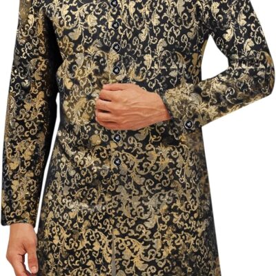 Runcati Mens Kurta Sherwani Coats Kaftan Indian Ethnic Royal Suits Shiny Mandarin Collar Wedding Festive Party Blazer