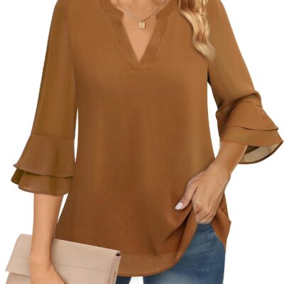 Lotusmile Womens Tops Dressy Casual 3/4 Tiered Bell Sleeve Blouses Double Layered Chiffon Work Tunic Shirts