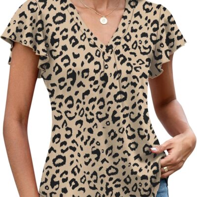 LOMON Womens Tops Dressy Casual Summer Flutter Sleeve T-Shirts Trendy Ruffle Short Sleeve Loose V-Neck Tunic Tops