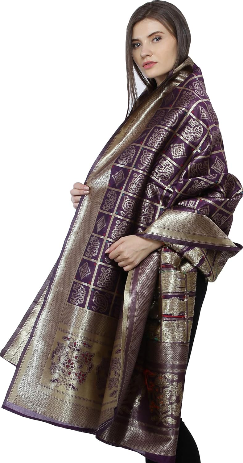 Exotic India Bandhani Gharchola Dupatta with Zari Weave and Brocaded Border - Art Silk - Image 2