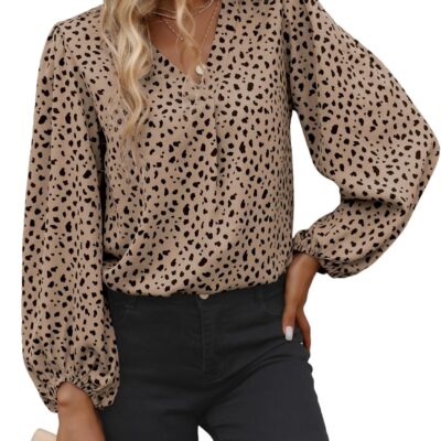 Long Sleeve Blouses for Women, Leopard Print Chiffon Tops V Neck Loose Business Shirts Casual Work Tunic