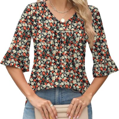 LOMON 3/4 Sleeve Tops for Women Summer Dressy Casual V Neck Shirts Ruffle Sleeve Loose Blouses