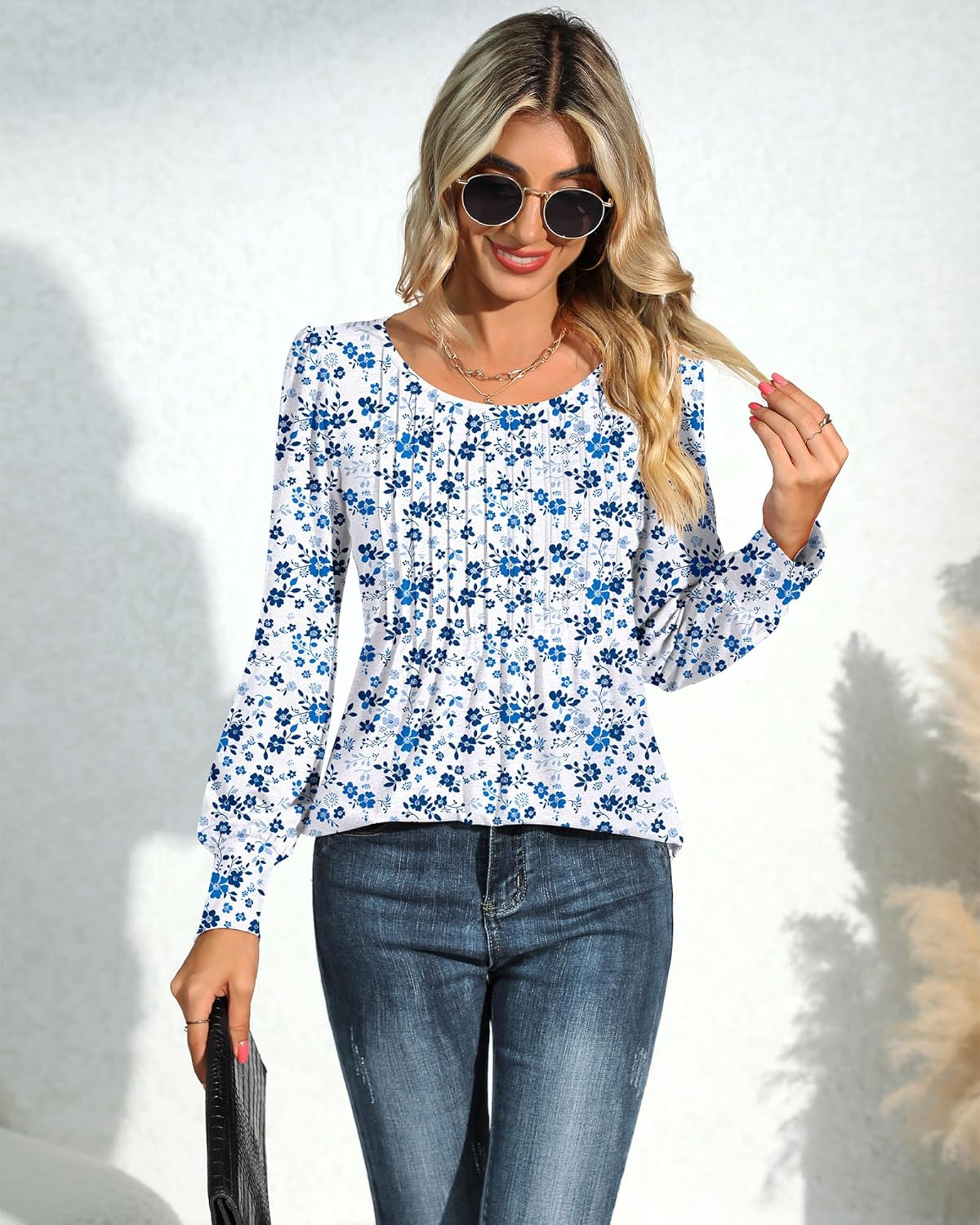 Ficerd Women's Puff Long Sleeve Tunic Tops Pleated Crew Neck Blouses Dressy Casual Loose Fit Winter and Spring Shirts - Image 4