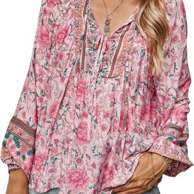 YUZIBAO Blouses for Women V Neck Long Sleeve Boho Tops Babydoll Shirts Floral Print Blouse