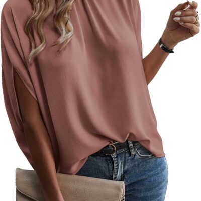 Verdusa Women's Casual Tie Back Dolman Sleeve Mock Neck Blouse Top