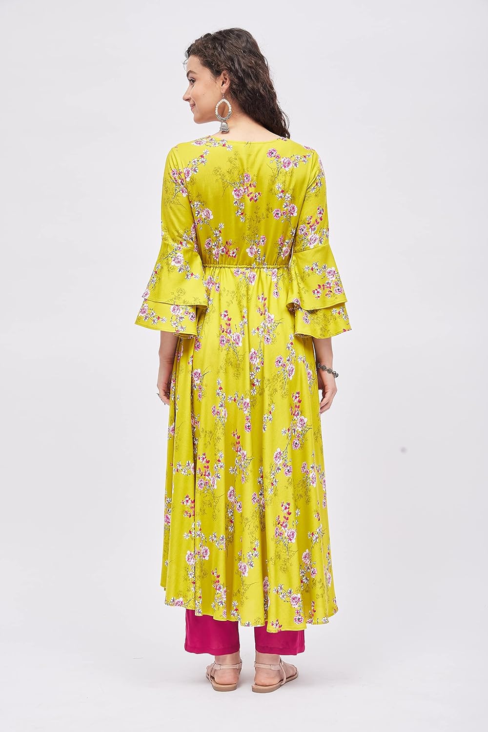 Tissu Women's Rayon Green & Rani Floral Printed Tie-up Kurta - Image 3