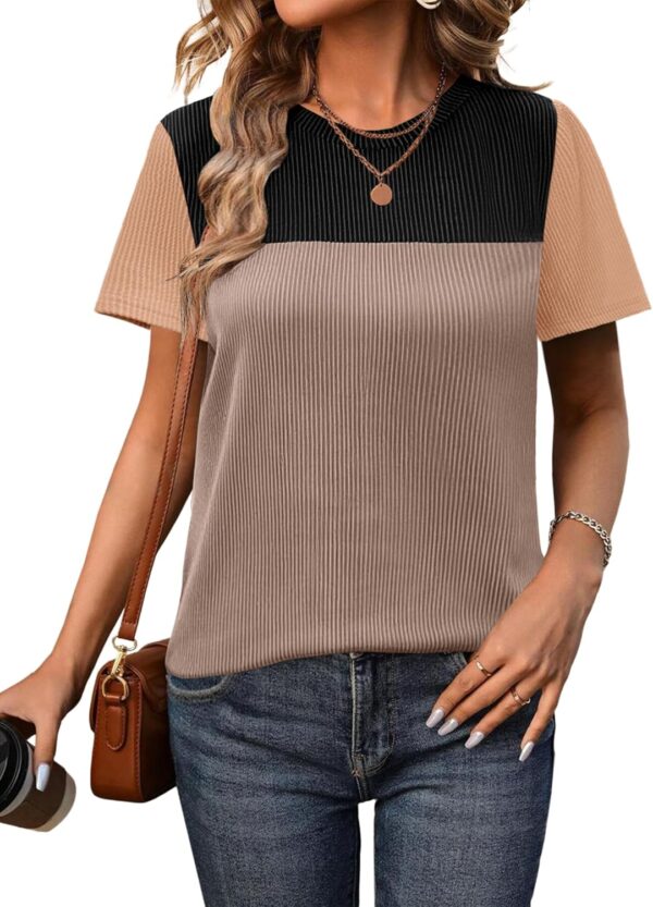 Zeagoo Womens Casual Shirts Color Block Tops Short Sleeve T Shirts Crewneck Knitted Summer Loose Blouses Tops - Image 2