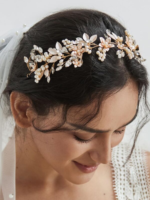 SWEETV Handmade Rhinestone Wedding Headband Flower-Leaf Bridal Headpieces for Wedding Pearl Hair Accessories (Gold) - Image 2