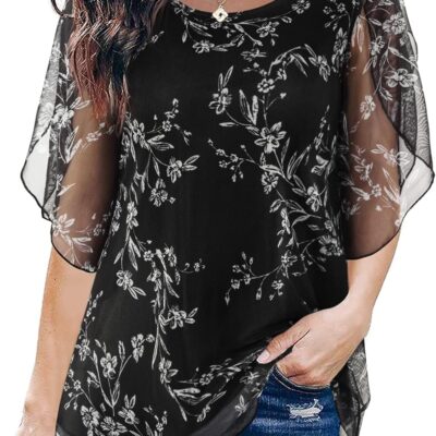 SeSe Code Womens Ruffle 3/4 Sleeve Mesh Blouses Loose Flowy Tops Stretchy Shirts