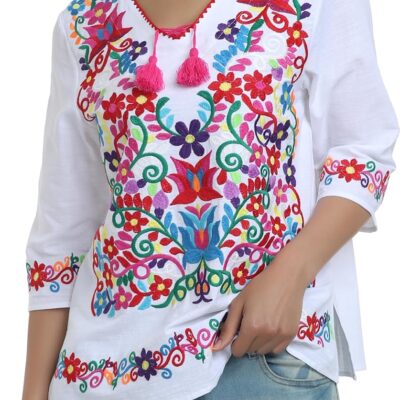 YZXDORWJ Women's Summer Embroidered Mexican Shirts Short Sleeve Casual Tops Blouse