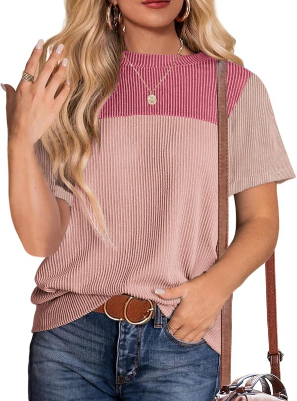 Zeagoo Womens Casual Shirts Color Block Tops Short Sleeve T Shirts Crewneck Knitted Summer Loose Blouses Tops