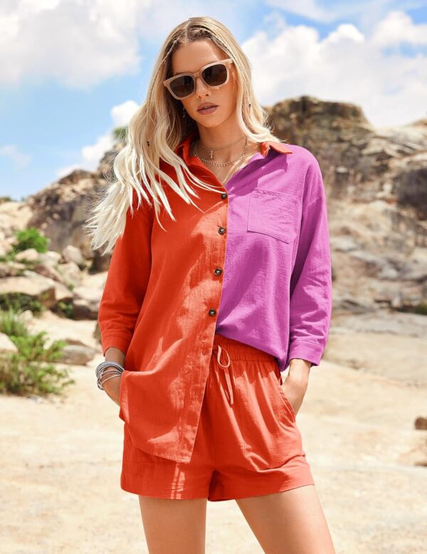 Zeagoo Women’s 2 Piece Lounge Tracksuit Outfit Sets Cotton Linen High Low Shirt and Drawstring Casual Shorts Set - Image 2