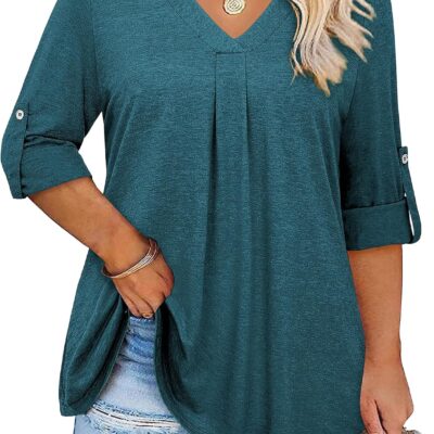Kancystore Plus Size Tops for Women 3/4 Length Sleeve Shirts V Neck Tunic Blouses Spring Summer 2025