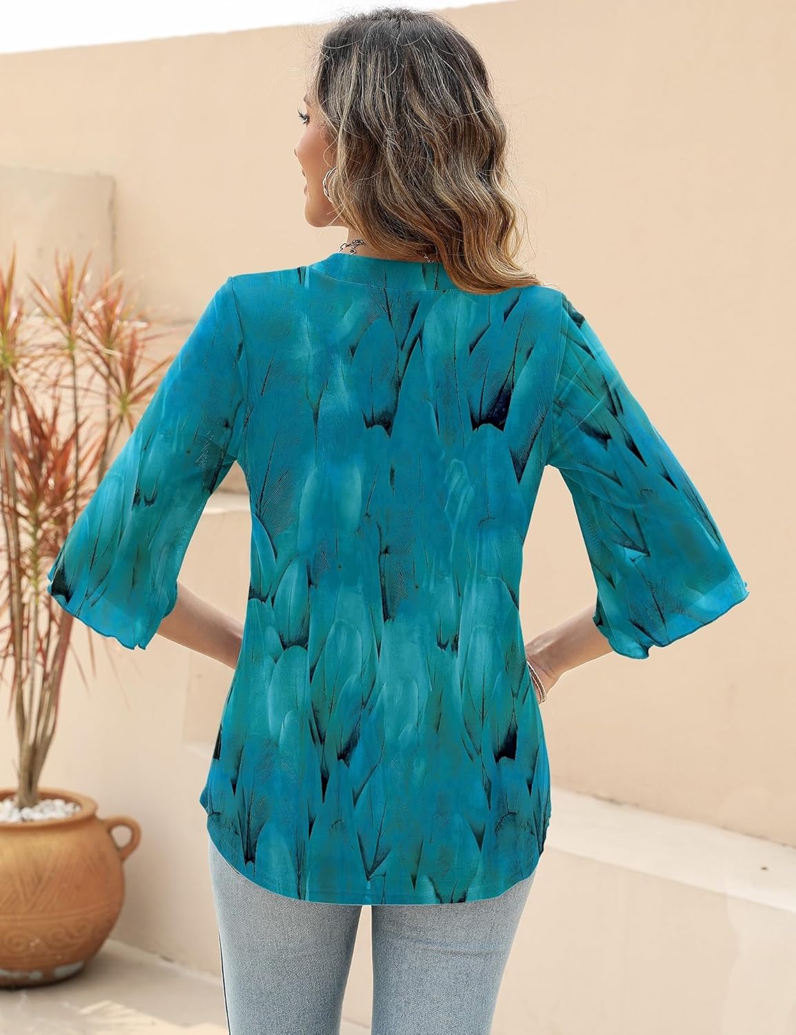 LUYAA Women's 3/4 Sleeve Blouses Tops V Neck Casual Dressy Double Layers Mesh Loose Fit Tunic Shirts - Image 4