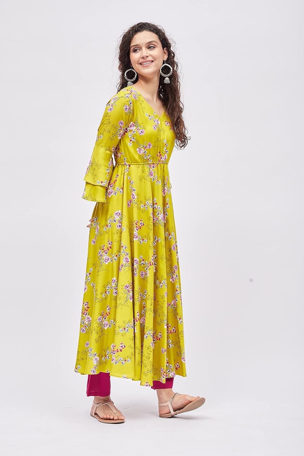 Tissu Women's Rayon Green & Rani Floral Printed Tie-up Kurta - Image 5