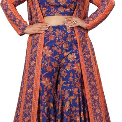 Janasya Indian Women's Plus Size Navy Blue Georgette Floral Printed Co-Ord Set