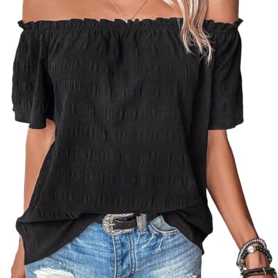 MakeMeChic Women's Off Shoulder Short Sleeve Summer Shirt Solid Ruched Textured Blouse Tops