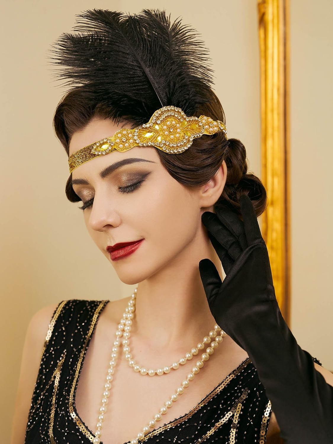 SWEETV 1920s Headpiece Flapper Headband, Feather Rhinestone Roaring 20s Great Gatsby Hair Accessories for Women,Yellow - Image 3