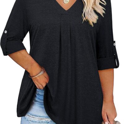 Kancystore Plus Size Tops for Women 3/4 Length Sleeve Shirts V Neck Tunic Blouses Spring Summer 2025