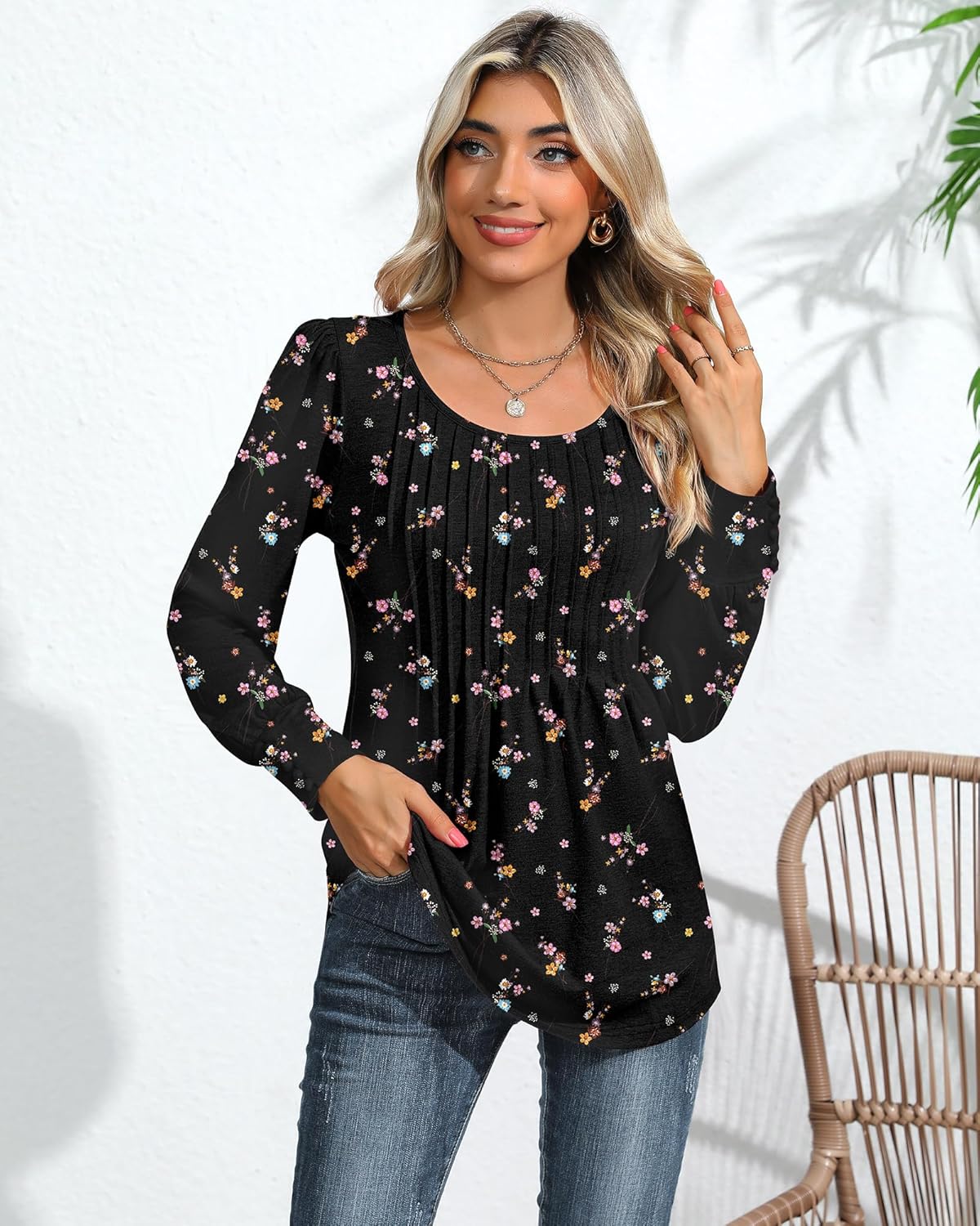 Ficerd Women's Puff Long Sleeve Tunic Tops Pleated Crew Neck Blouses Dressy Casual Loose Fit Winter and Spring Shirts - Image 3