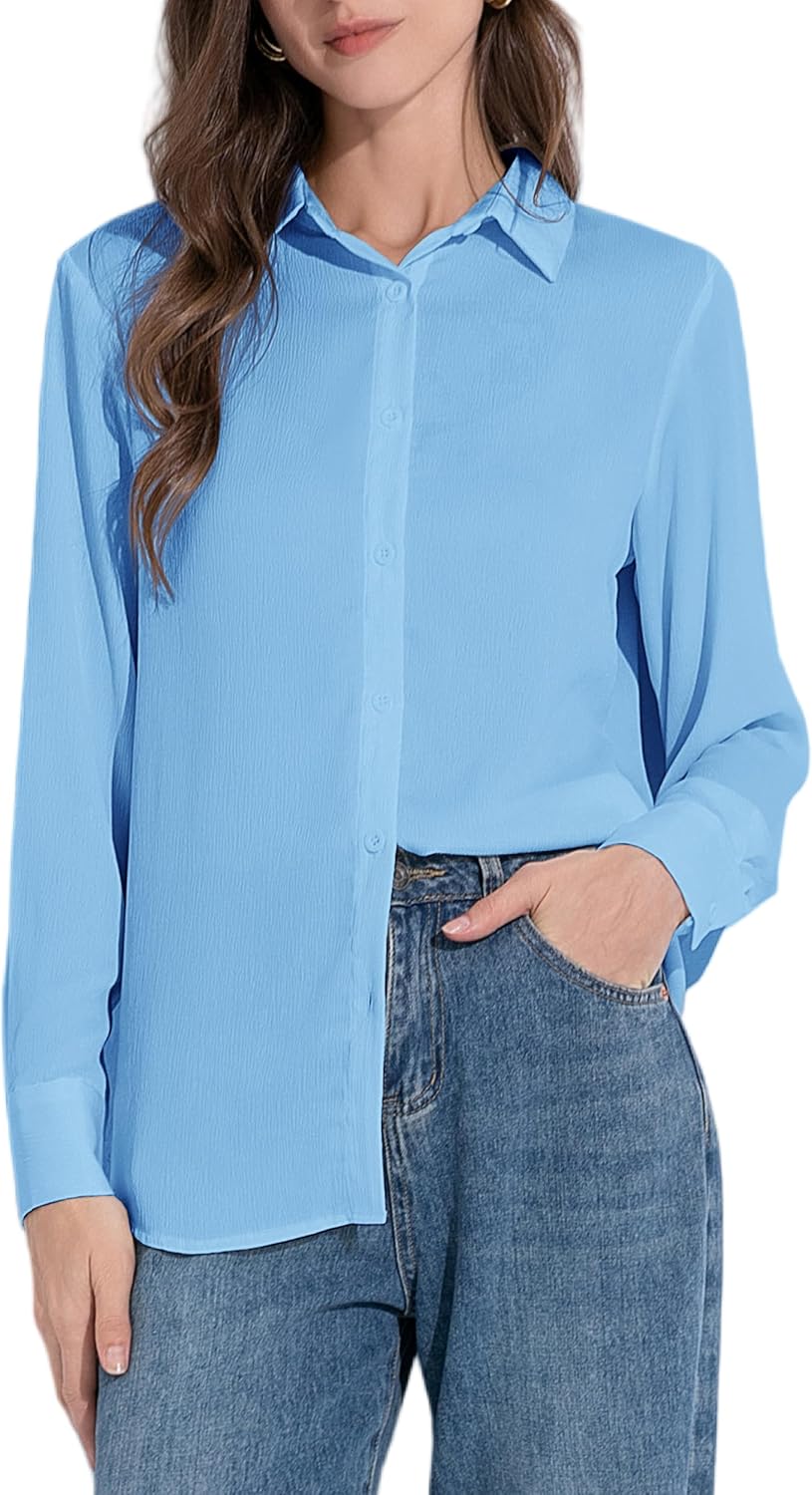 Women's Button Down Shirt Textured Chiffon Blouse Classic Collared Top Casual Work Office Blouse
