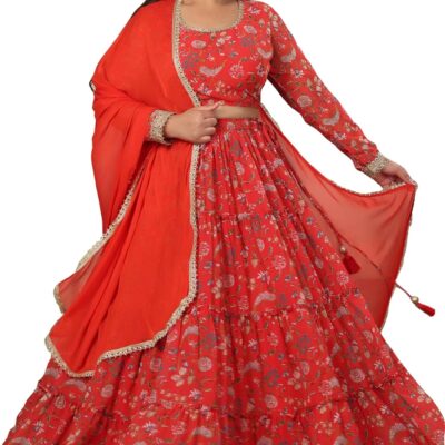 Janasya Indian Women's Plus Size Red Georgette Floral Printed Ready To Wear Ethnic Lehenga Choli Set