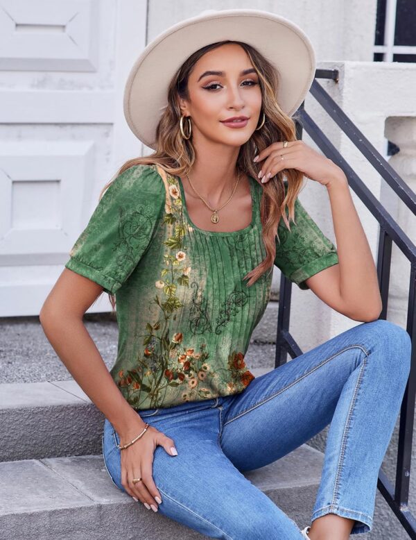 Zeagoo Womens Summer Tops Casual Puff Short Sleeve T Shirts Floral/Solid Pleated Tunics Square Neck Work Blouse - Image 3
