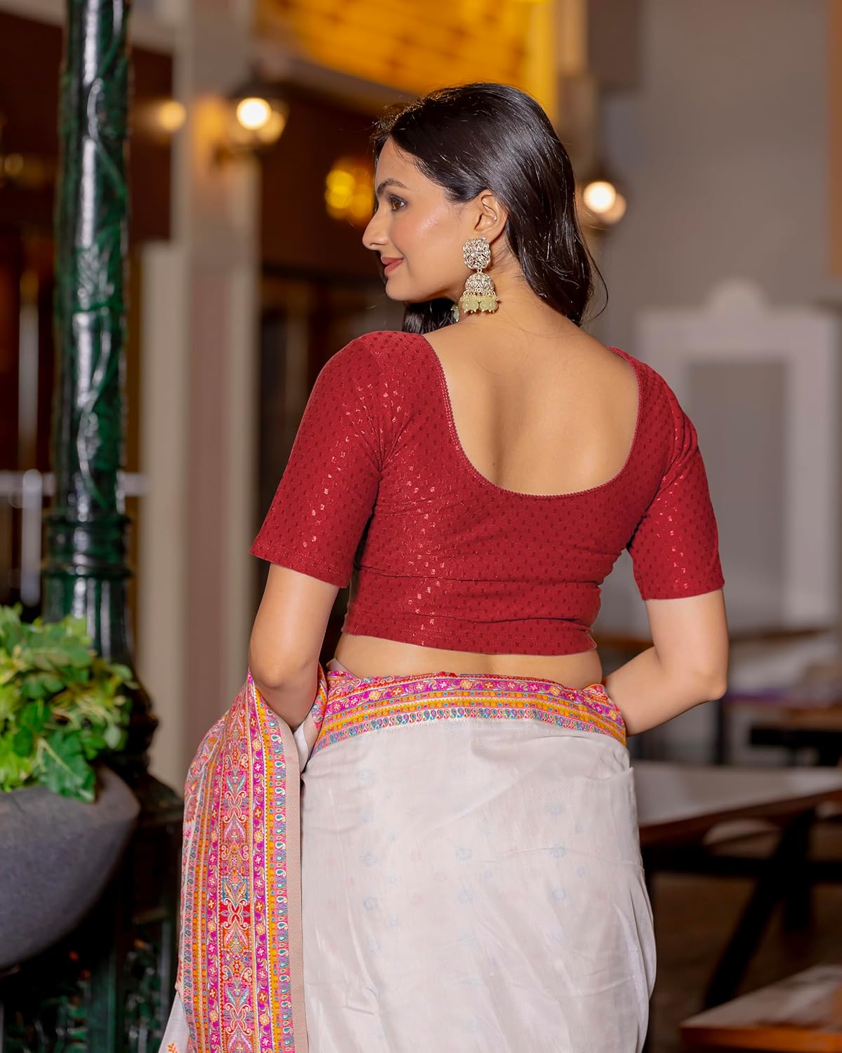 Women's Round Neck Cotton Dobby Lycra Elbow Sleeve Readymade Saree Blouse - Image 3