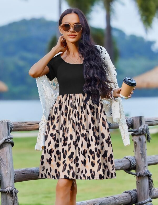 Zeagoo Womens Casual Dress Floral Patchwork Summer Dress Square Neck Short Sleeve A Line Flowy Swing Mini Dress with Pockets - Image 3