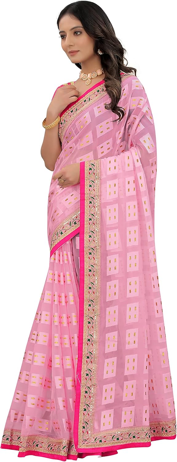 Womens Embroidery Sequence Work Fancy Saree With Stitched blouse - Image 3