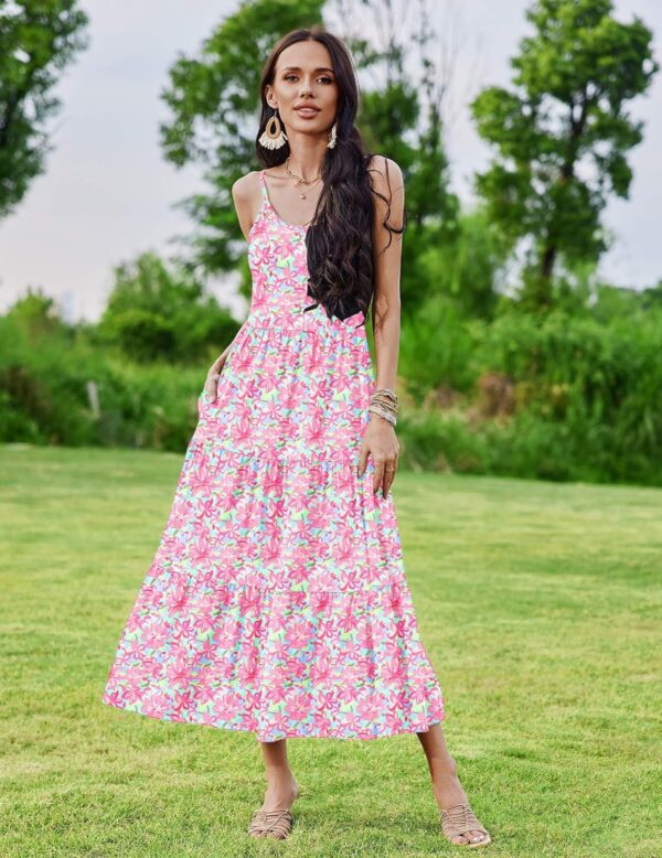 Zeagoo Womens Summer Long Dress Adjustable Spaghetti Strap Floral Casual Dress with Pockets Flowy Tiered Beach Sundress - Image 2