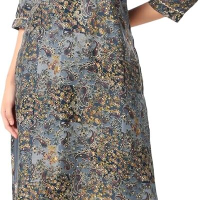 ladyline Womens Formal Silk Printed Sequins Handwork V Neck Kurti Tunic Partywear Long Kurta Dress