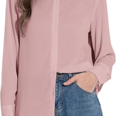 Women's Button Down Shirt Textured Chiffon Blouse Classic Collared Top Casual Work Office Blouse