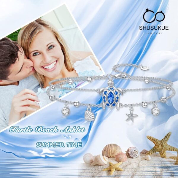 Ankle Bracelet for Women 925 Sterling Silver Sea Turtle/Four Leaf Clover/Rose/Infinity/Flamingo/Fox/Starfish/Lotus/Cat Adjustable Layered Anklet Best Friend Beach Holiday Jewelry - Image 6