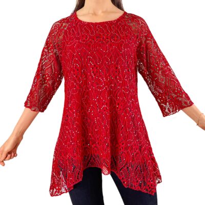 Brittany Black Women’s Lace Top Floral Print Tunic Knit Blouse