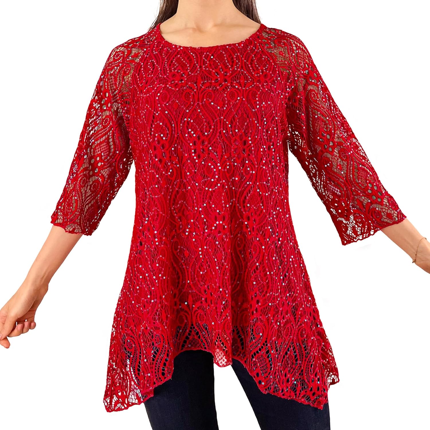 Brittany Black Women’s Lace Top Floral Print Tunic Knit Blouse