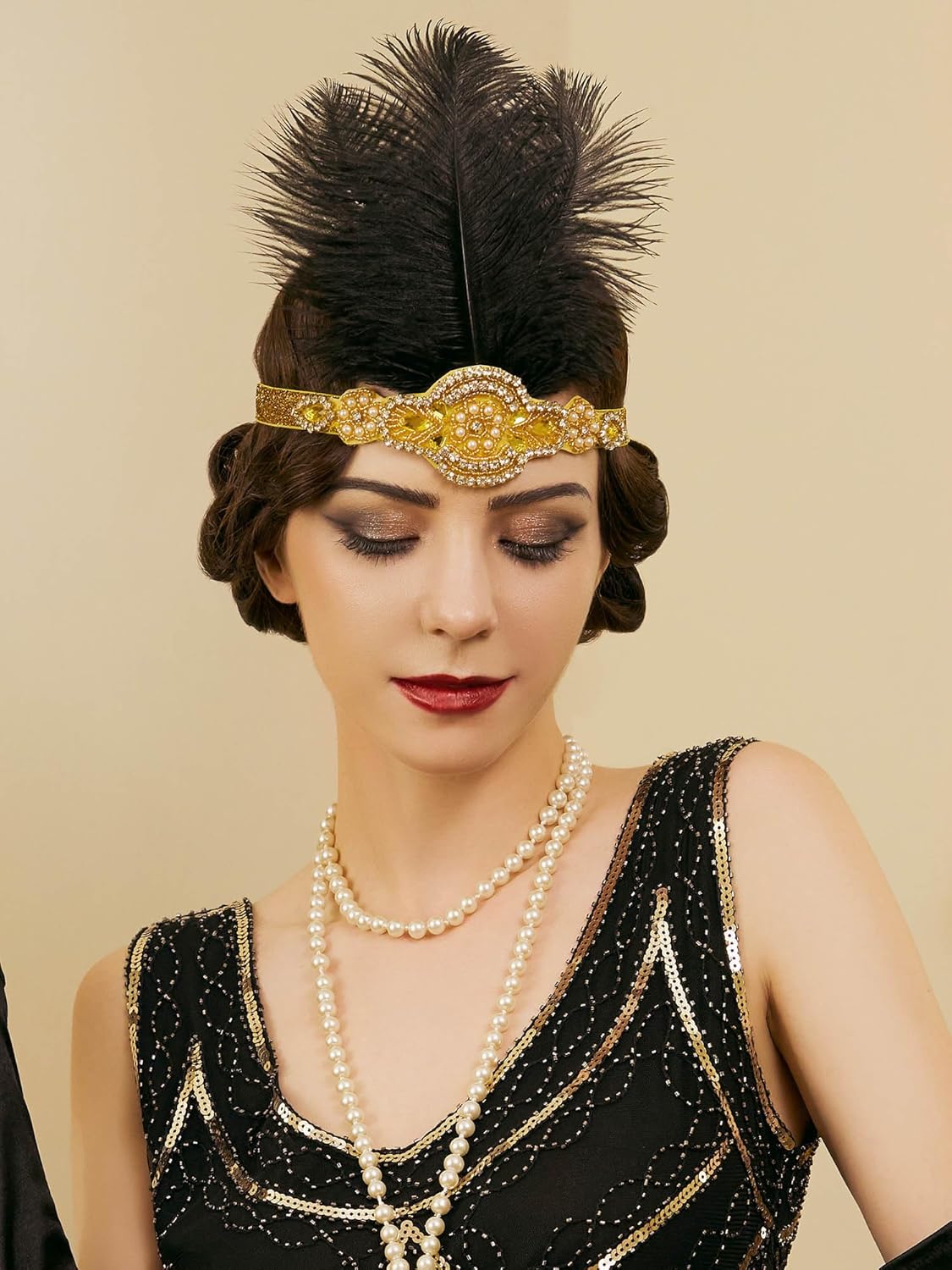SWEETV 1920s Headpiece Flapper Headband, Feather Rhinestone Roaring 20s Great Gatsby Hair Accessories for Women,Yellow - Image 4