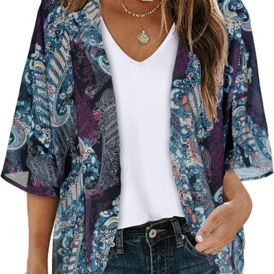 Women's Floral Print Puff Sleeve Kimono Cardigan Loose Cover Up Casual Blouse Tops