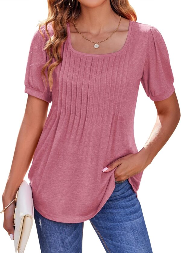 Zeagoo Womens Summer Tops Casual Puff Short Sleeve T Shirts Floral/Solid Pleated Tunics Square Neck Work Blouse