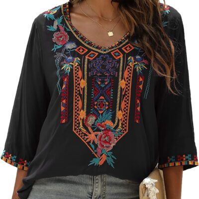 Grosy Bohemian Embroidered Tops for Women, Hippie Clothes, Mexican Peasant Blouses, Traditional Boho Clothing Tunic Shirts