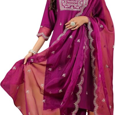Janasya Indian Women's Purple Silk Blend Embroidered Straight Kurta Set