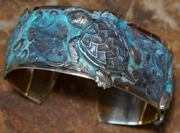 Verdigris Patina Solid Brass Classic Sea Turtle Cuff Bracelet by Elaine Coyne Made In USA - Image 7