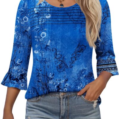 Blingfit 3/4 Length Sleeve Womens Tops Dressy Casual Shirts Ruffle Bell Sleeve Front Pleated Fasion Trendy Summer Blouses