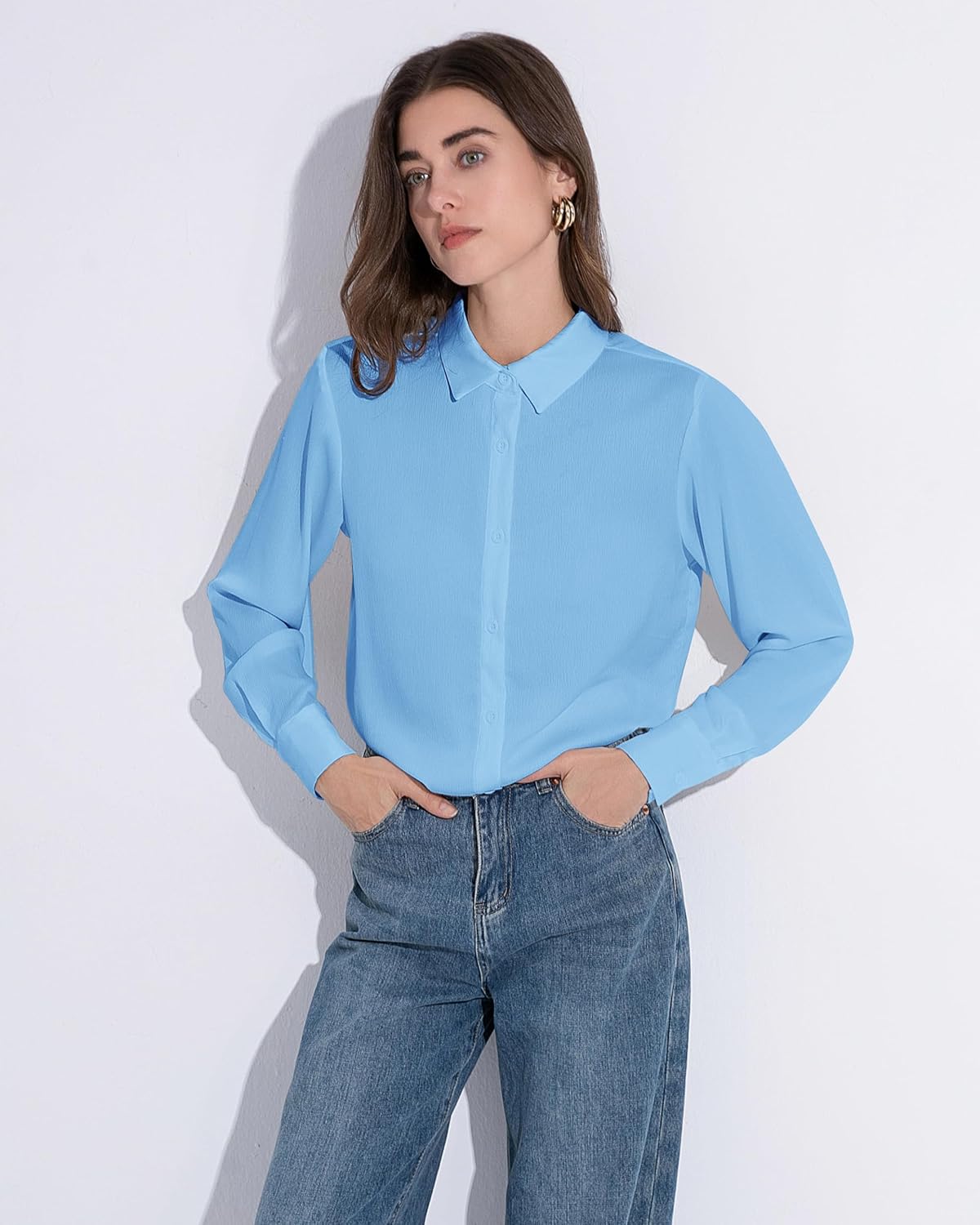 Women's Button Down Shirt Textured Chiffon Blouse Classic Collared Top Casual Work Office Blouse - Image 5