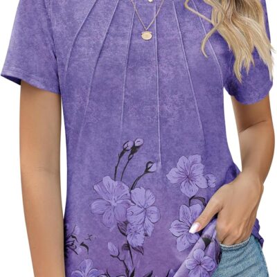Kistore Womens Casual Crew Neck Short Sleeve Pleated Tops Blouses Fashion Clothes 2024