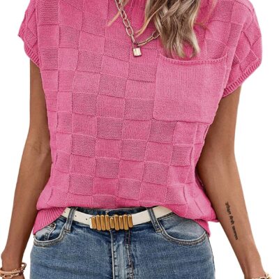 SHEWIN Womens Summer Cap Sleeve Tops Casual Crewneck Knit Short Sleeve Sweater Loose Fit Lightweight Shirts