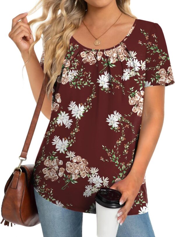 Zeagoo Women's Summer Tunic Tops Short Sleeve Floral Boho Casual T Shirts Pleated Crewneck Flowy Relax Fit Soft Blouses