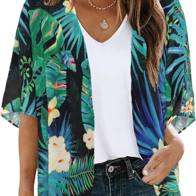 Women's Floral Print Puff Sleeve Kimono Cardigan Loose Cover Up Casual Blouse Tops