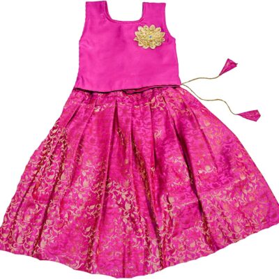 TRADITION INDIAGreen Dupion & Brocade Silk Lehenga Choli Set, Kids Lehenga Choli Set, Sleeveless Lehenga Choli
