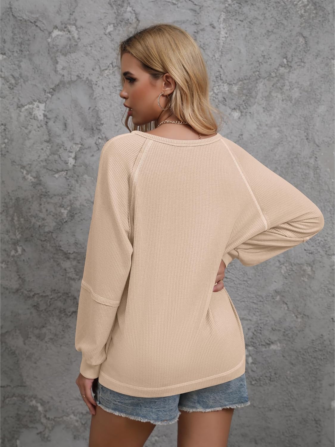Womens Waffle Tunic Tops Puff Long Sleeve Shirt Loose Fit Casual Pullover Sweatshirt - Image 7
